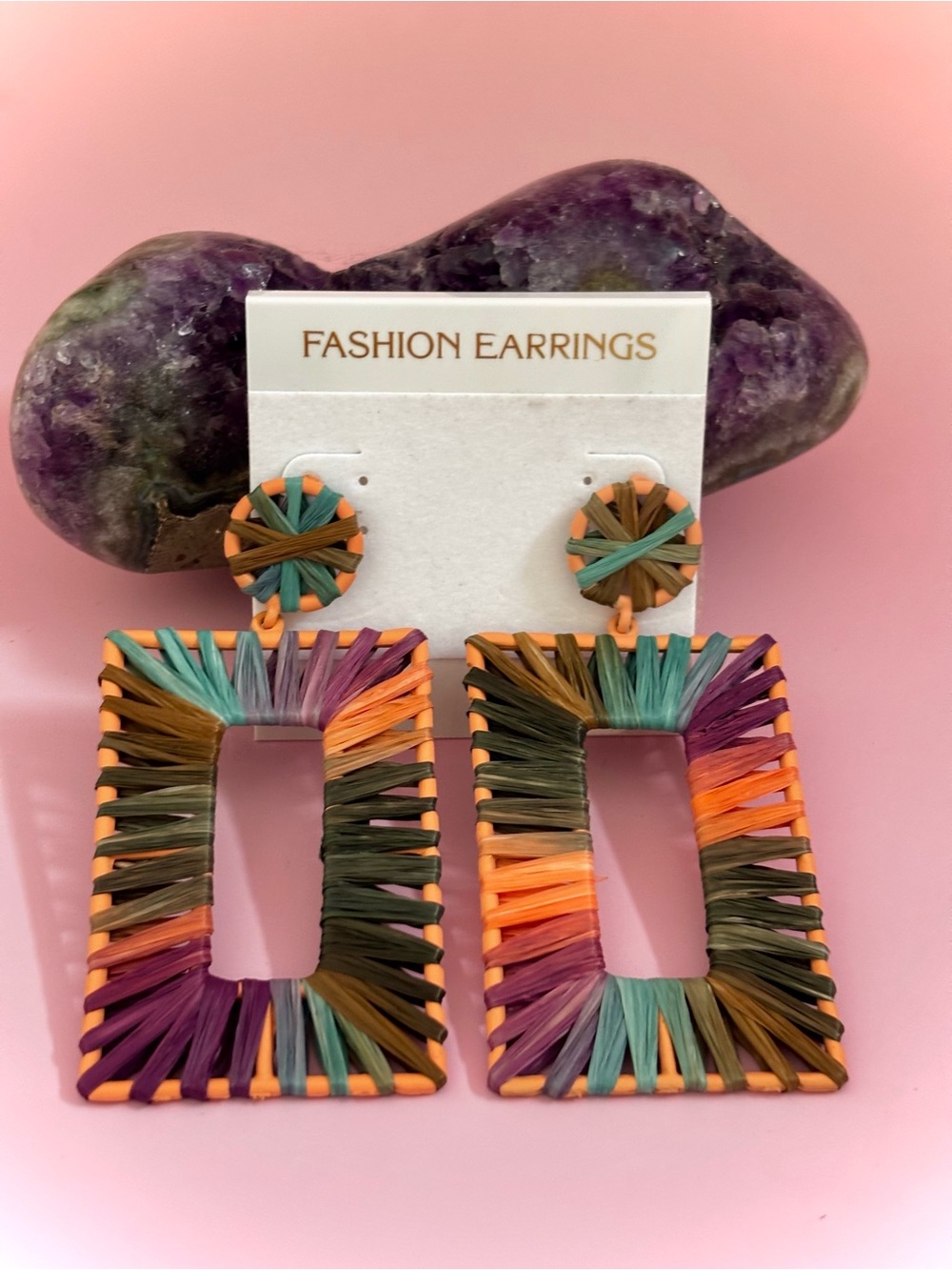 Multicolor Wrapped Rectangle raffia Drop Earrings